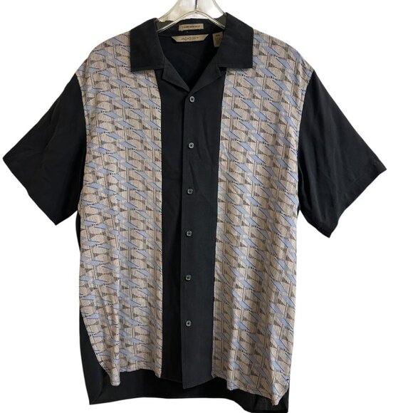 NWT Axist Geometric Black Washable Silk Short Sleeve Button-up Shirt Size Medium - Picture 1 of 6